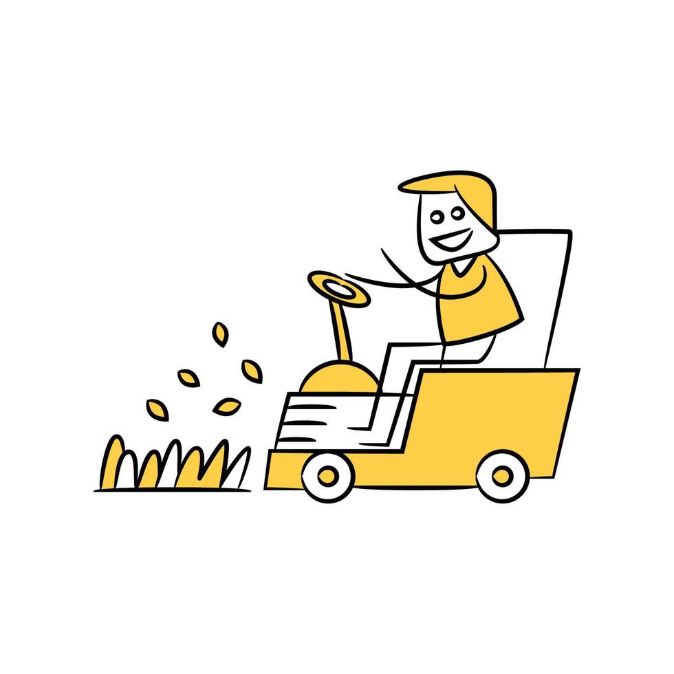 gardener driving a riding lawn mower yellow doodle theme vector