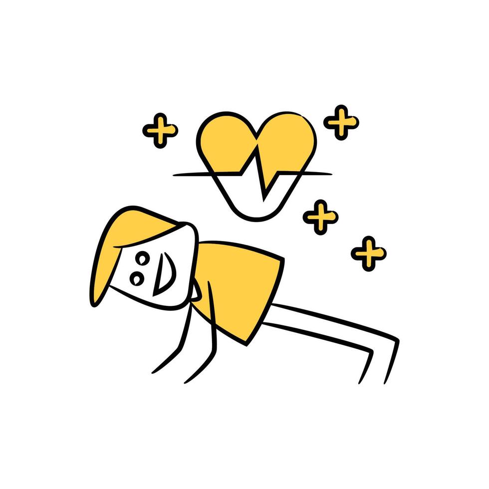 doodle man working out and heart yellow stick figure theme vector