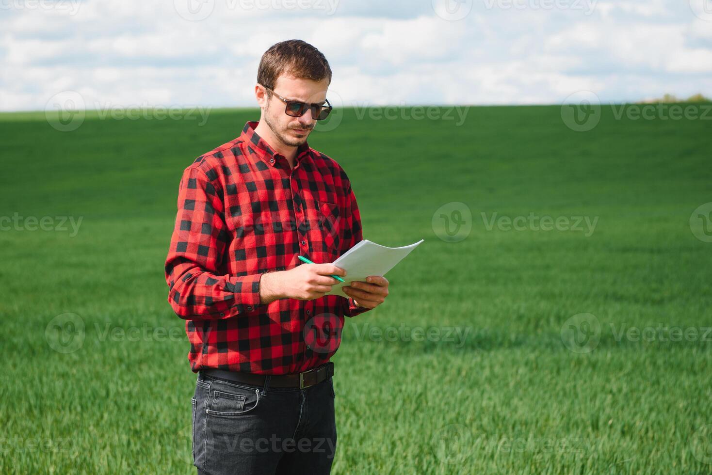 Young farmer on a wheat field. Young wheat in spring. Agriculture concept. An agronomist examines the process of ripening wheat in the field. The concept of the agricultural business. photo