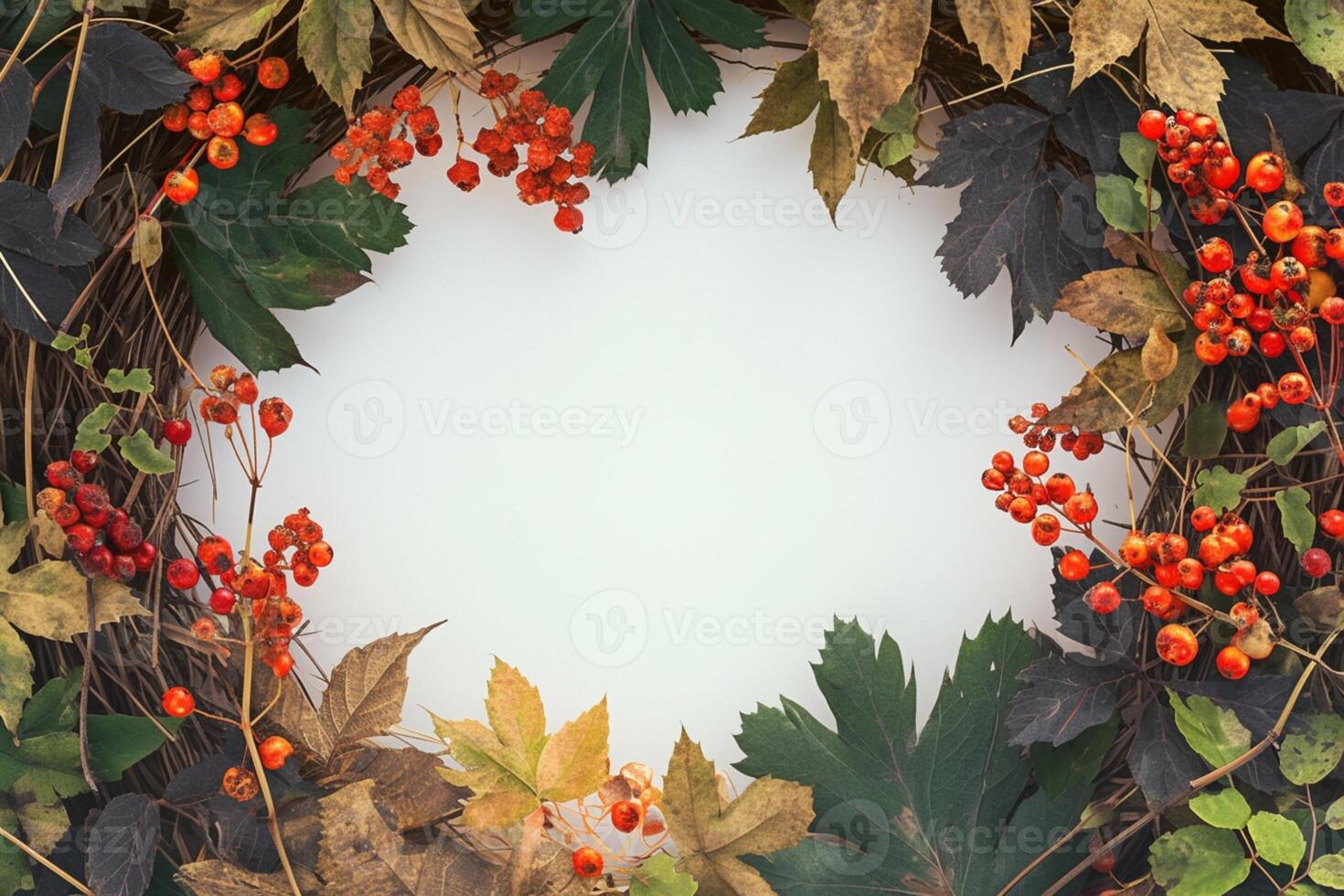 AI generated Ecological beauty Viburnum berries create an autumn themed flat lay photo