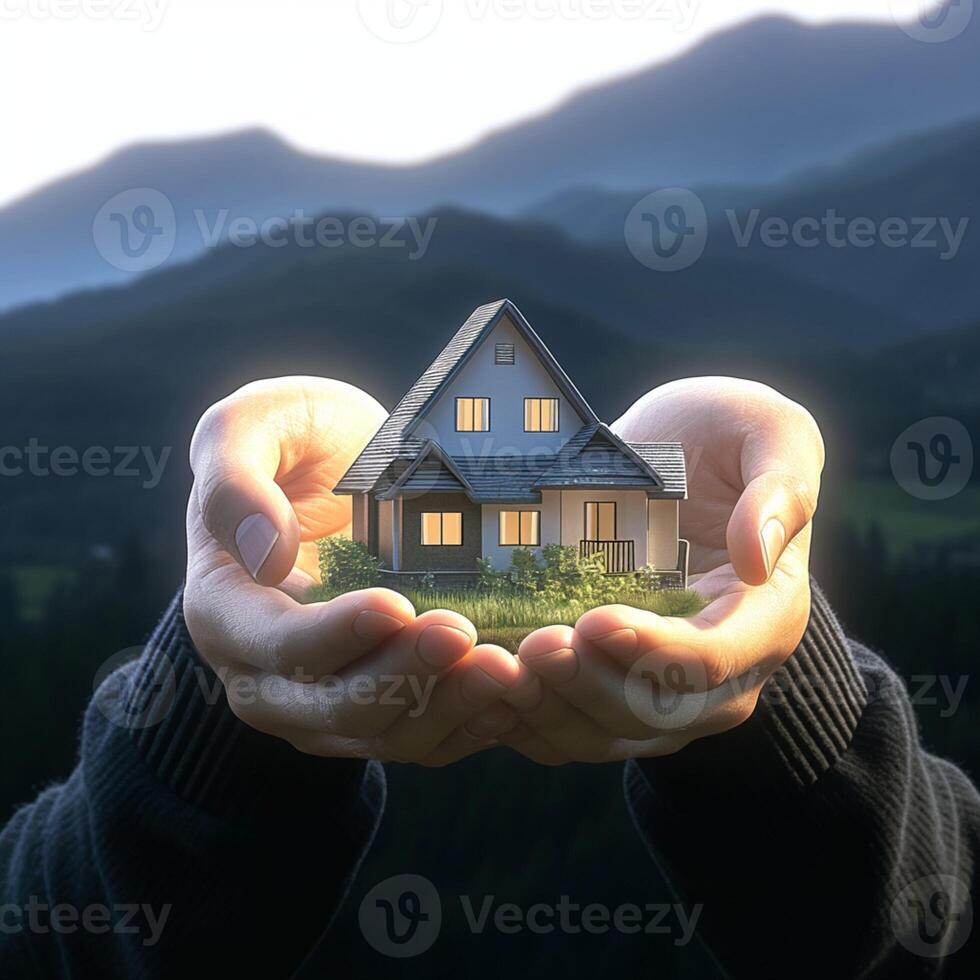AI generated Housing innovation Hand cradles a house model, business home idea For Social Media Post Size photo
