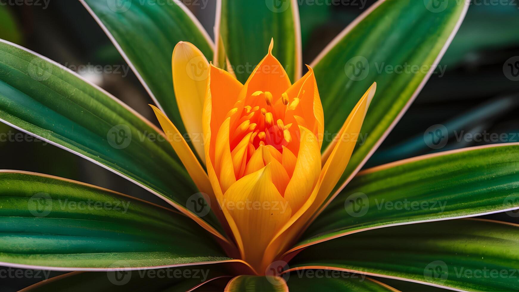 ai generado cerca arriba foto de tropical flor con vívido amarillo naranja hojas