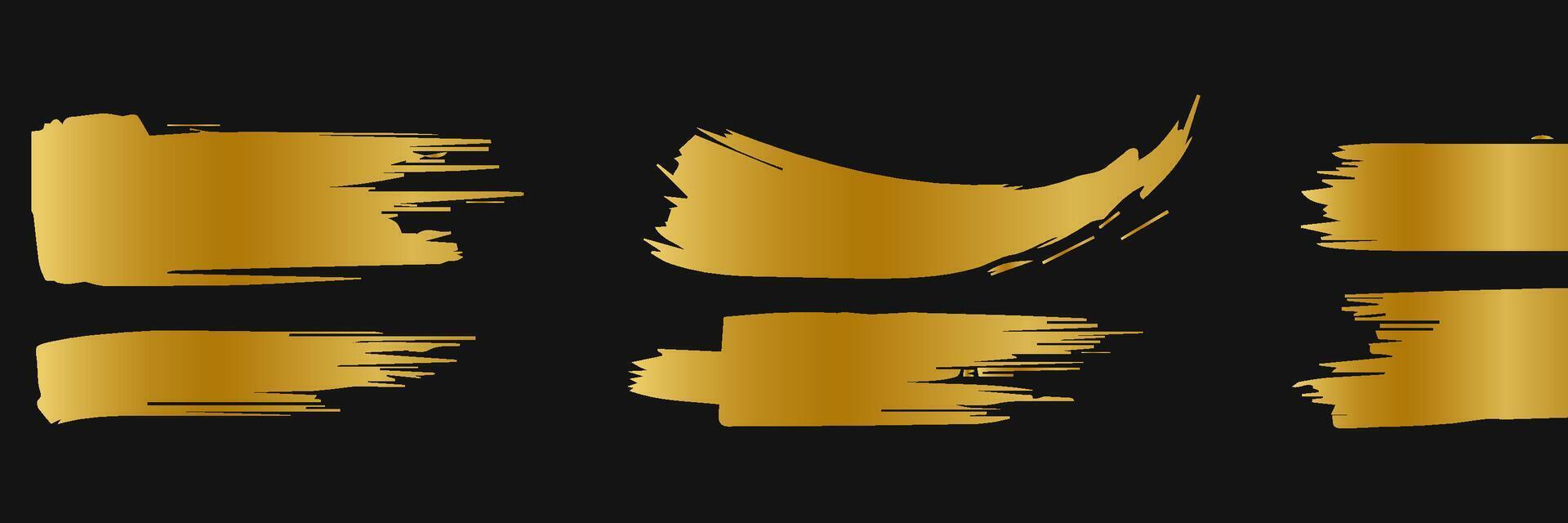Golden paint brush stroke. Set of gold paint smear with glittering texture. Realistic gold brush stroke with metallic effect. Vector