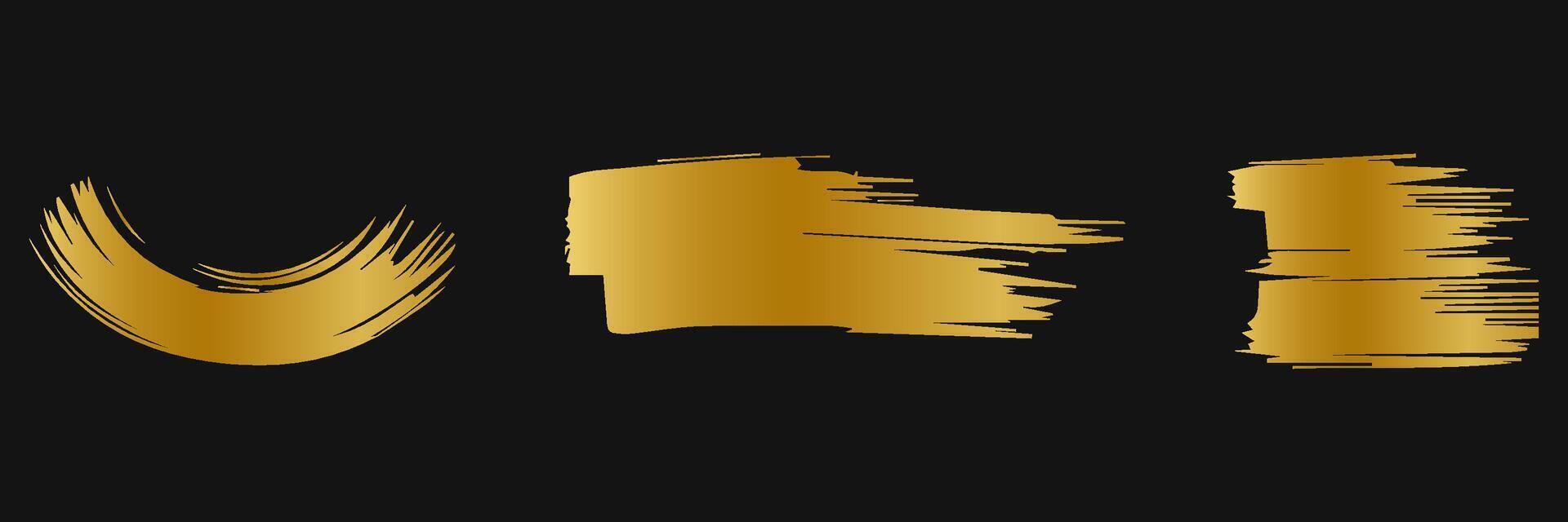 Golden paint brush stroke. Set of gold paint smear with glittering texture. Realistic gold brush stroke with metallic effect. Vector