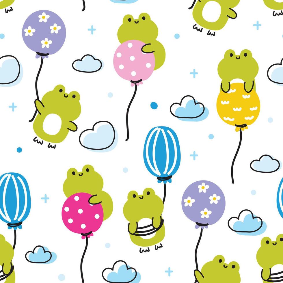 Seamless pattern of cute frog with balloon line hand drawn style on sky background.Reptile animal character cartoon design.Baby clothing.Kawaii.Vector.Illustration. vector