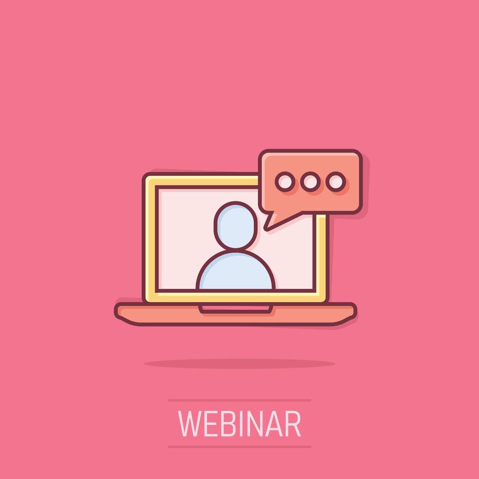 Live webinar icon in comic style. Online training cartoon vector illustration on isolated background. Conference stream splash effect sign business concept.