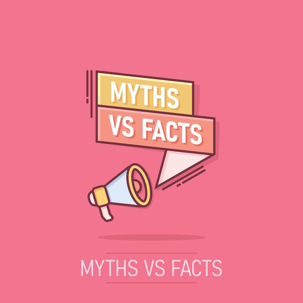 Myths vs facts megaphone icon in comic style. True or false loudspeaker cartoon vector illustration on isolated background. Comparison bullhorn sign business concept splash effect.