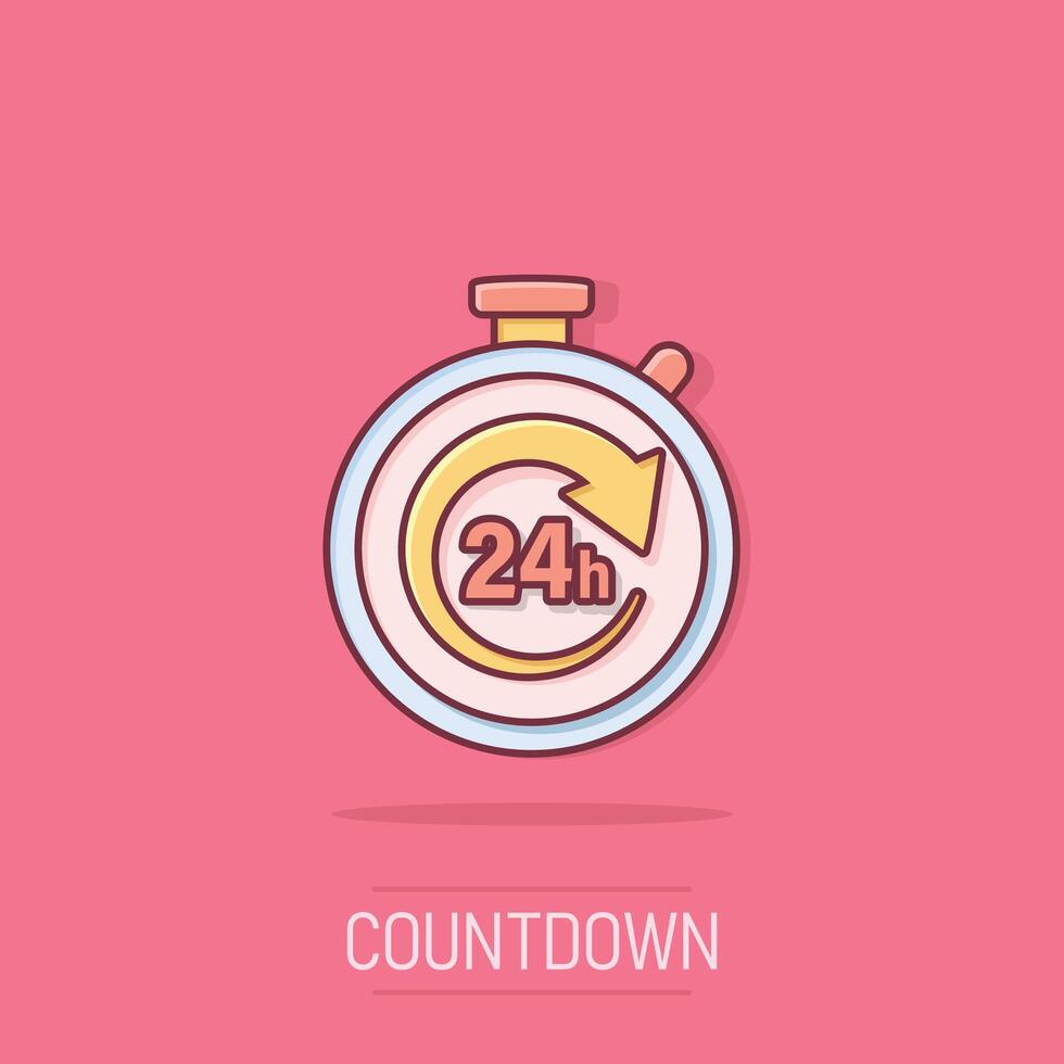 24 hours service icon in comic style. All day business and service cartoon vector illustration on isolated background. Quick service time splash effect sign business concept.