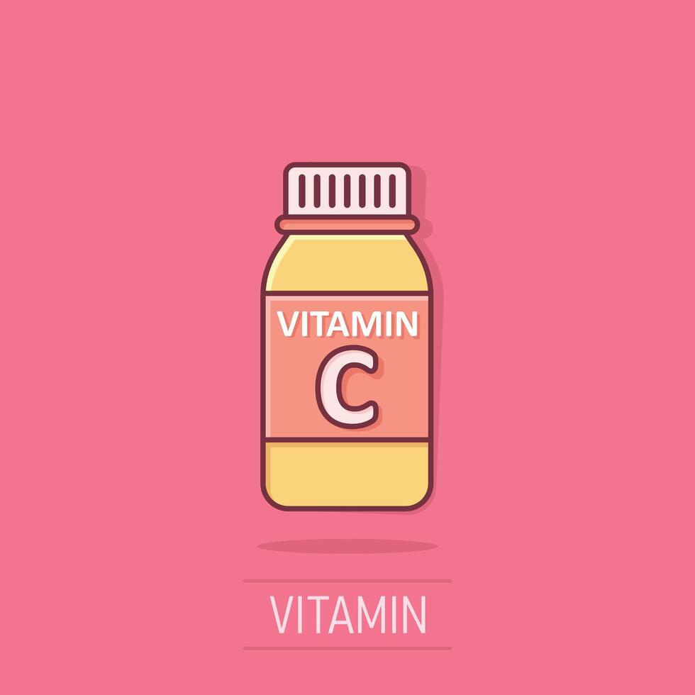 Vitamin C icon in comic style. Bottle with pill cartoon vector illustration on isolated background. Pharmacy sign business concept splash effect.