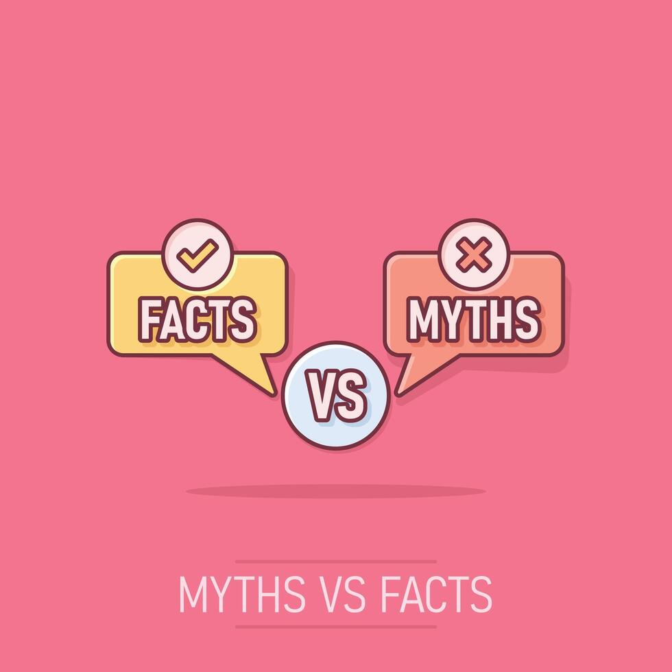 Myths vs facts icon in comic style. True or false cartoon vector illustration on isolated background. Comparison sign business concept splash effect.