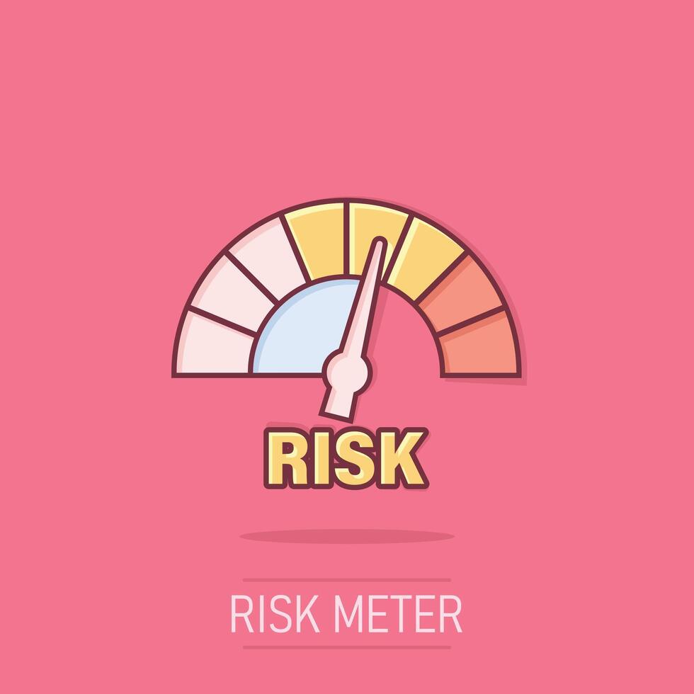 Risk meter icon in comic style. Rating indicator cartoon vector illustration on isolated background. Fuel level sign splash effect business concept.