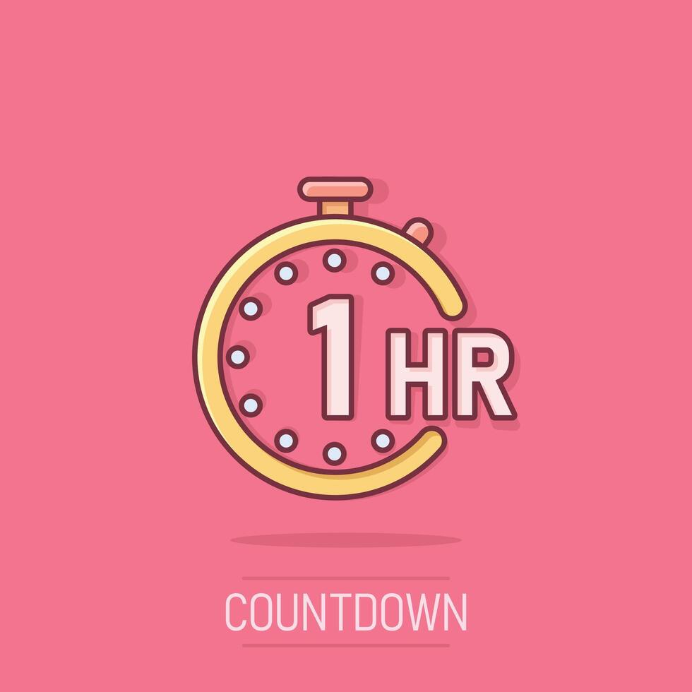 1 hour clock icon in comic style. Timer countdown cartoon vector illustration on isolated background. Time measure splash effect sign business concept.