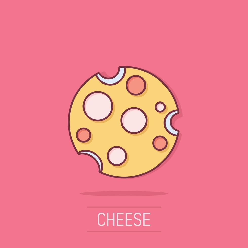 Cheese slice icon in comic style. Milk food cartoon vector illustration on isolated background. Breakfast splash effect sign business concept.