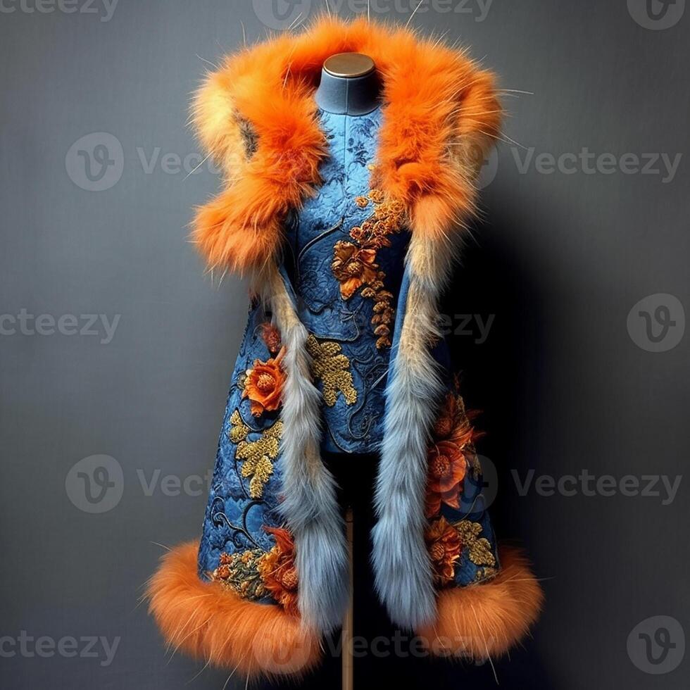 AI generated Luxury fluffy fashion jacket fuzz peach colorful coats photo