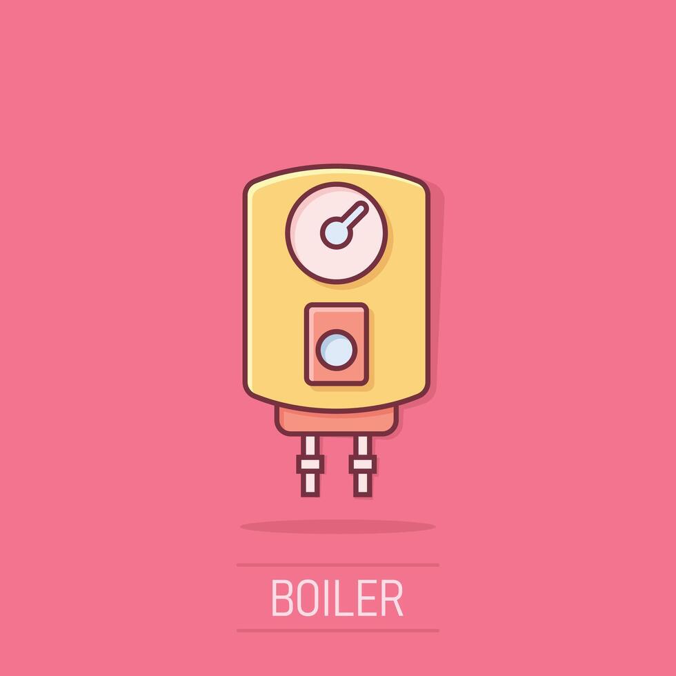 Gas boiler icon in comic style. Heater cartoon vector illustration on isolated background. Boiling splash effect sign business concept.