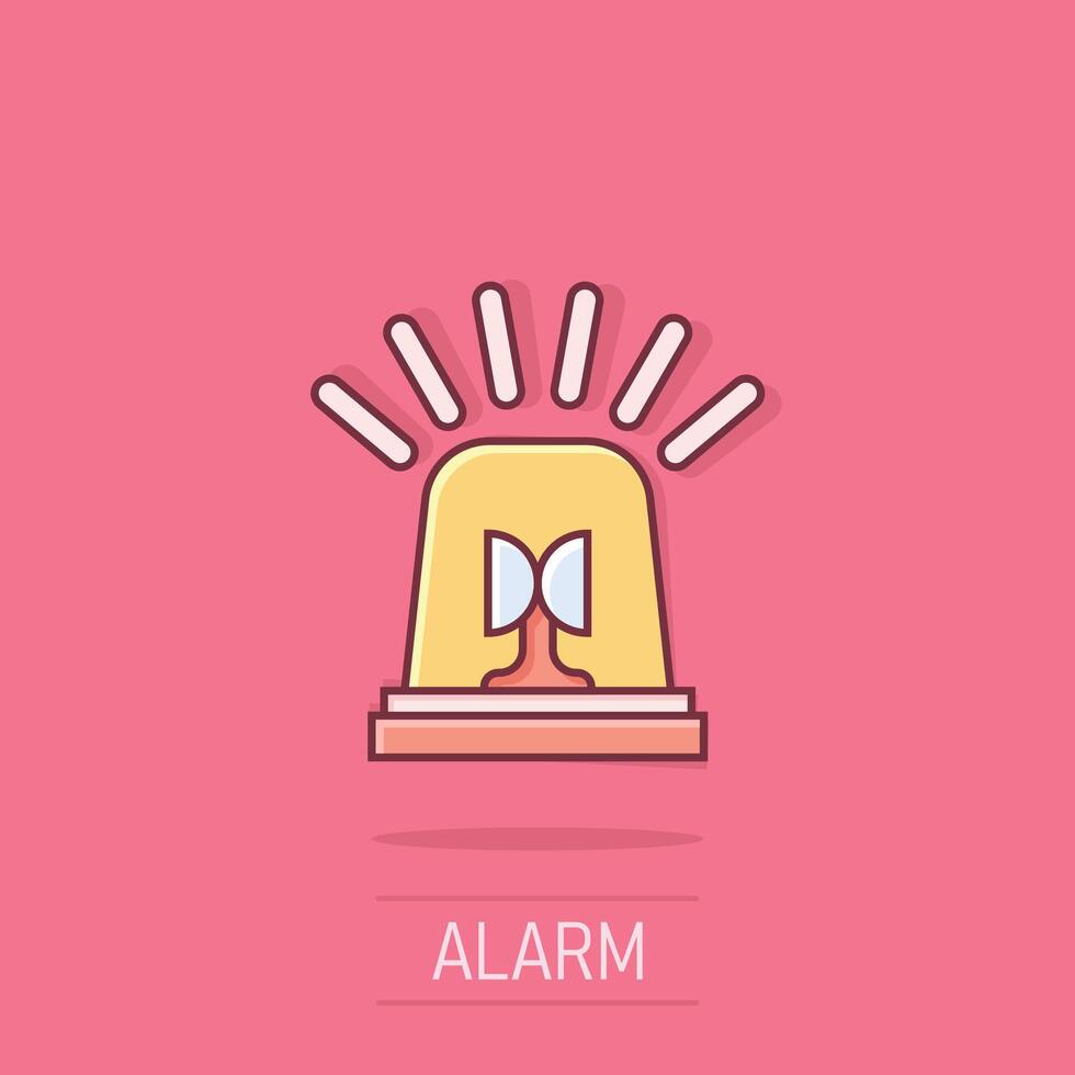 ícono de alarma de emergencia en estilo cómico. ilustración de vector de dibujos animados de lámpara de alerta sobre fondo aislado. concepto de negocio de signo de efecto de salpicadura de urgencia policial.