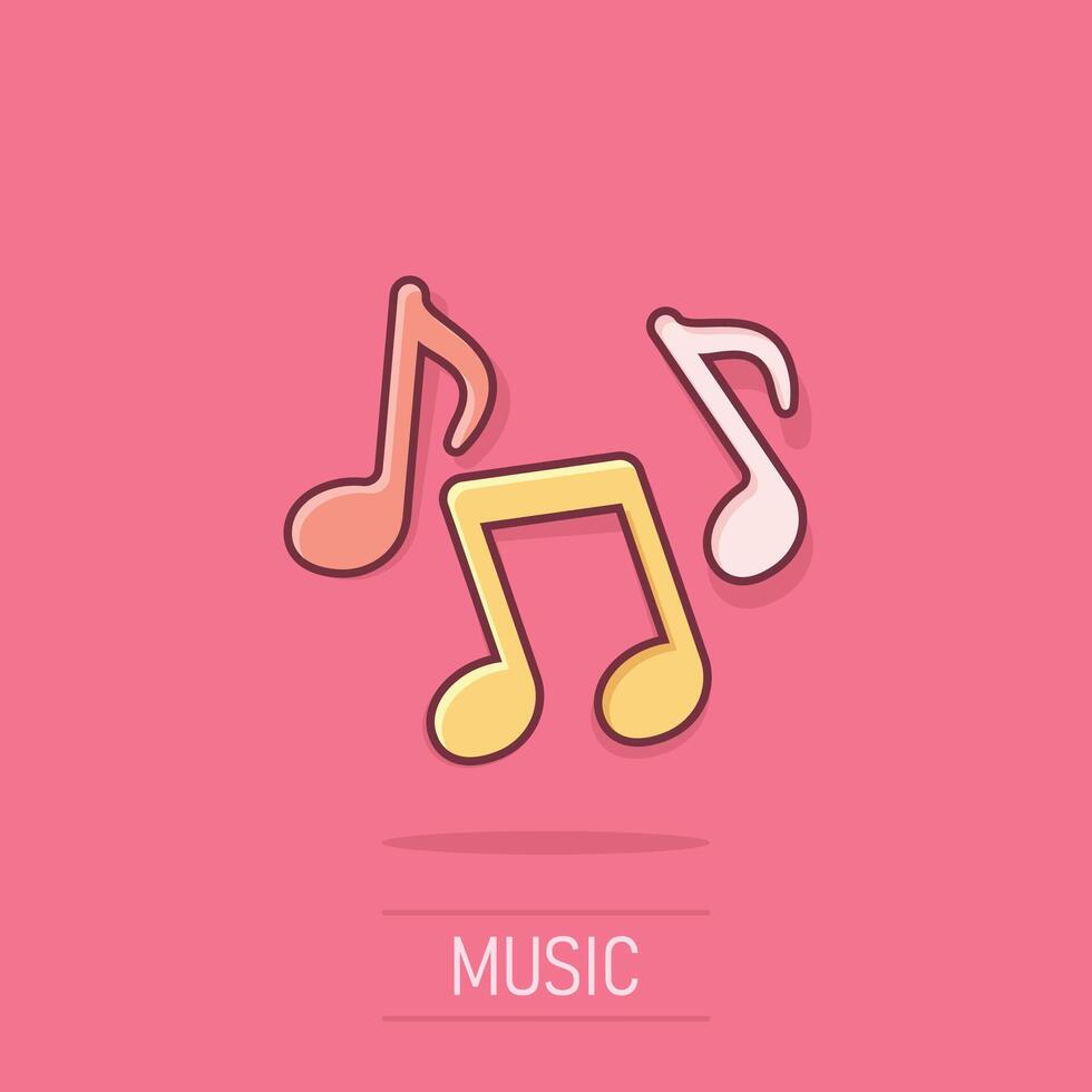 Music note icon in comic style. Song cartoon vector illustration on isolated background. Musician splash effect sign business concept.