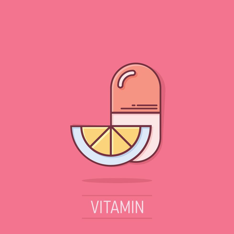 Vitamin pill note icon in comic style. Capsule cartoon vector illustration on isolated background. Antibiotic splash effect sign business concept.