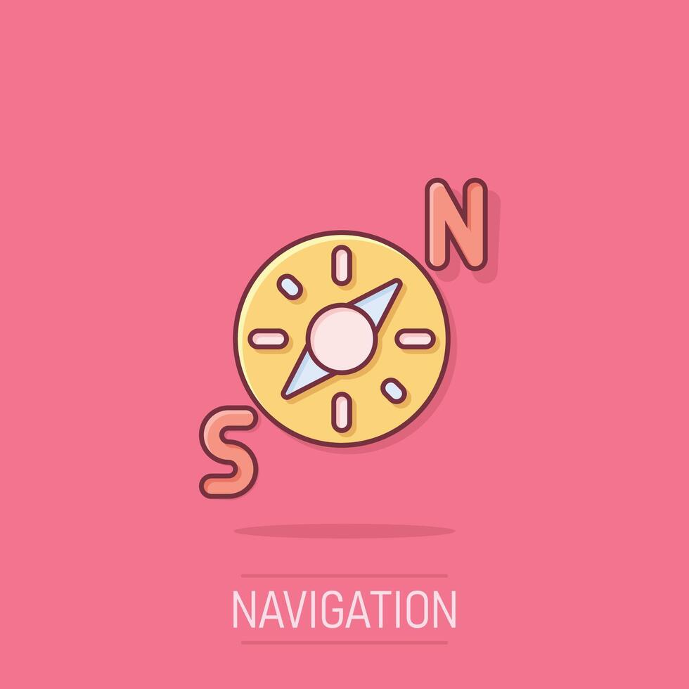 Compass icon in comic style. Navigation equipment cartoon vector illustration on isolated background. Journey direction splash effect business concept.