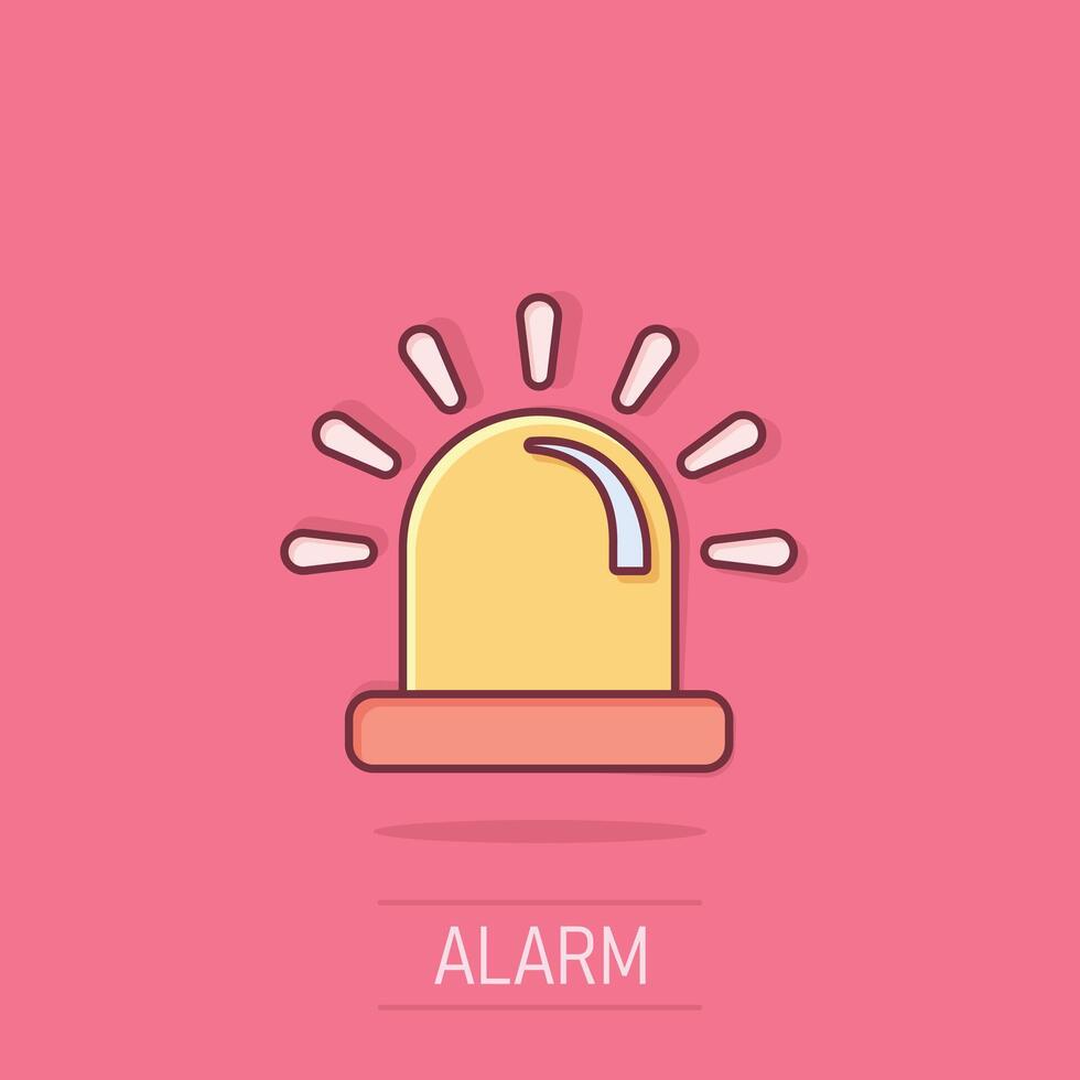 ícono de alarma de emergencia en estilo cómico. ilustración de vector de dibujos animados de lámpara de alerta sobre fondo aislado. concepto de negocio de signo de efecto de salpicadura de urgencia policial.