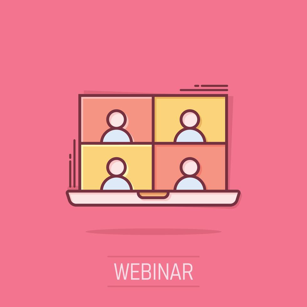 Live webinar icon in comic style. Online training cartoon vector illustration on isolated background. Conference stream splash effect sign business concept.