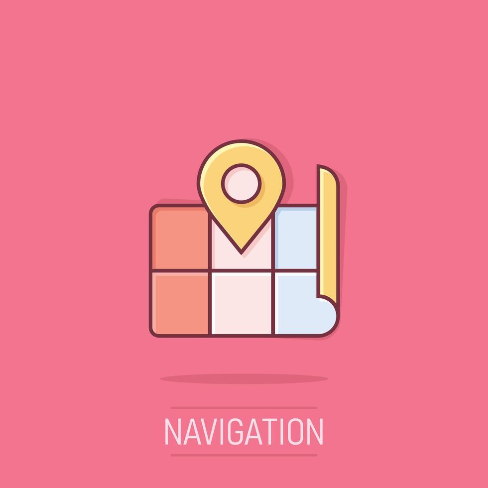 Map pin icon in comic style. gps navigation cartoon vector illustration on isolated background. Locate position splash effect business concept.