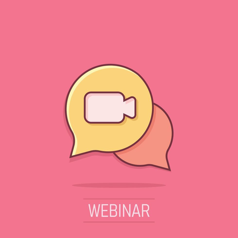 Live webinar icon in comic style. Online training cartoon vector illustration on isolated background. Conference stream splash effect sign business concept.