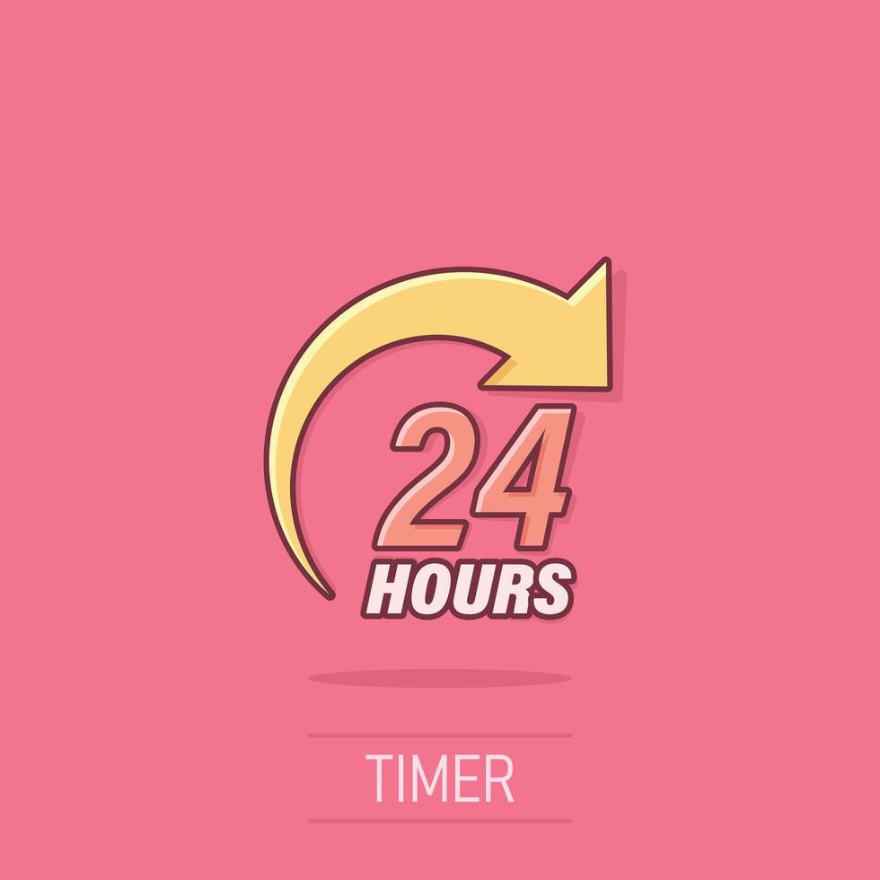 24 hours service icon in comic style. All day business and service cartoon vector illustration on isolated background. Quick service time splash effect sign business concept.