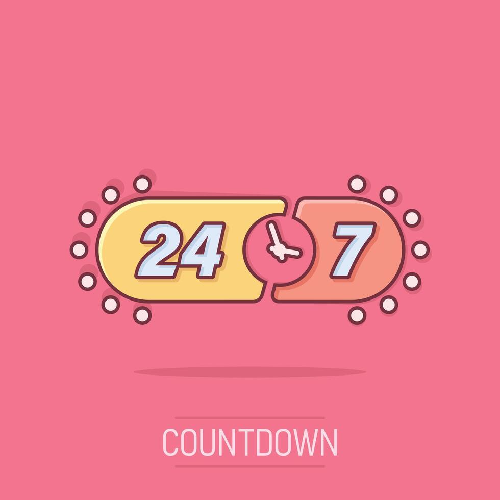 24 hours service icon in comic style. All day business and service cartoon vector illustration on isolated background. Quick service time splash effect sign business concept.