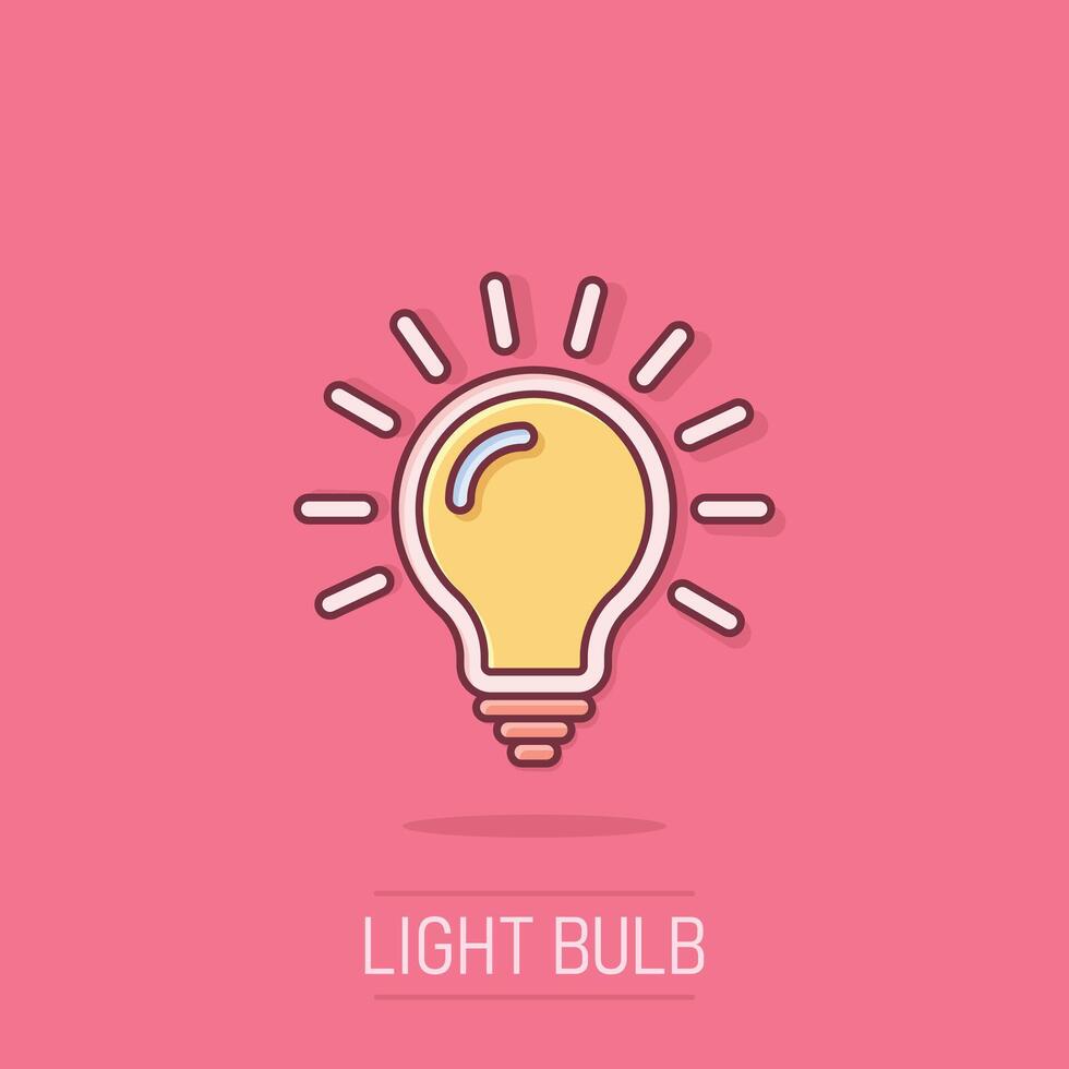 Light bulb icon in comic style. Lamp cartoon vector illustration on isolated background. Idea, solution, thinking sign business concept splash effect.