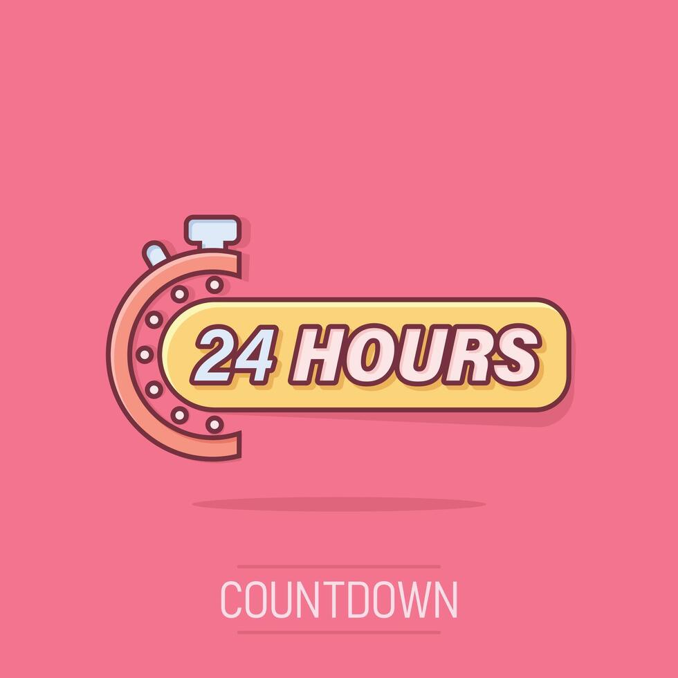 24 hours service icon in comic style. All day business and service cartoon vector illustration on isolated background. Quick service time splash effect sign business concept.