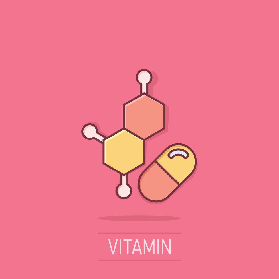 Vitamin pill note icon in comic style. Capsule cartoon vector illustration on isolated background. Antibiotic splash effect sign business concept.