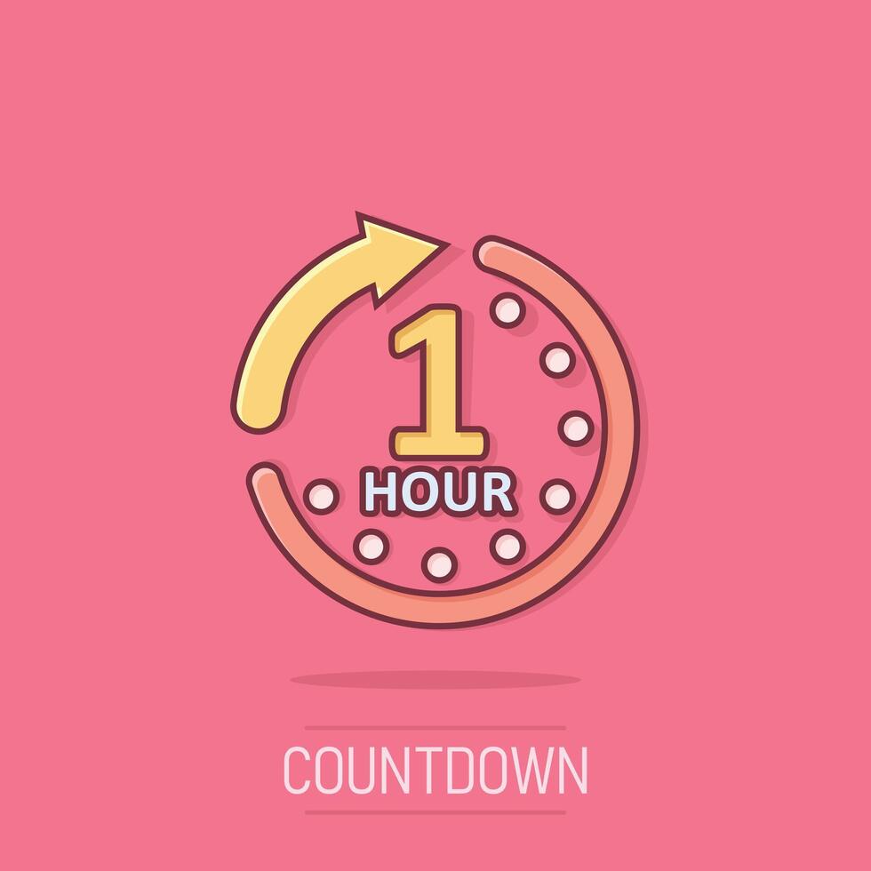 1 hour clock icon in comic style. Timer countdown cartoon vector illustration on isolated background. Time measure splash effect sign business concept.