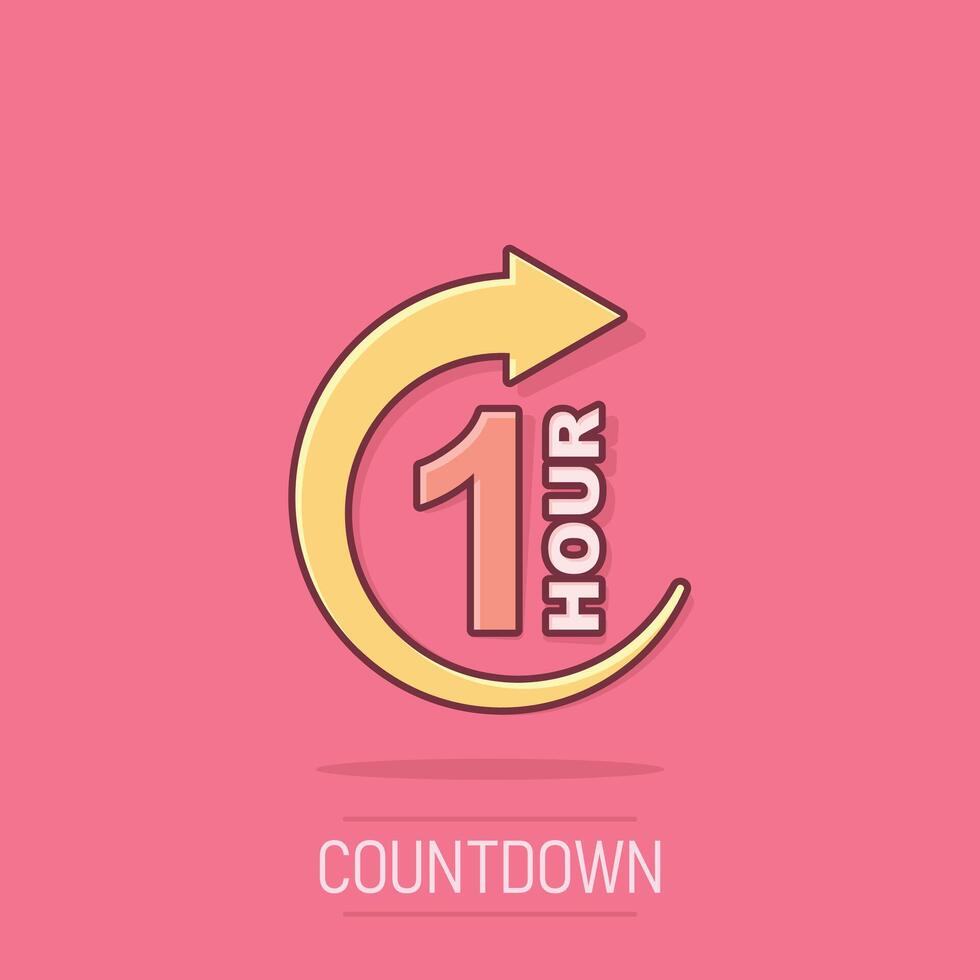 1 hour clock icon in comic style. Timer countdown cartoon vector illustration on isolated background. Time measure splash effect sign business concept.