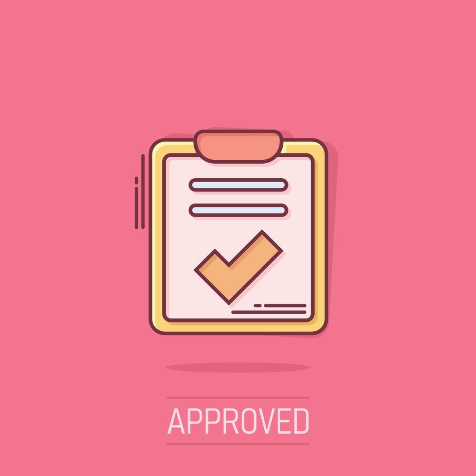 Document checklist icon in comic style. Report cartoon vector illustration on isolated background. Paper sheet splash effect business concept.