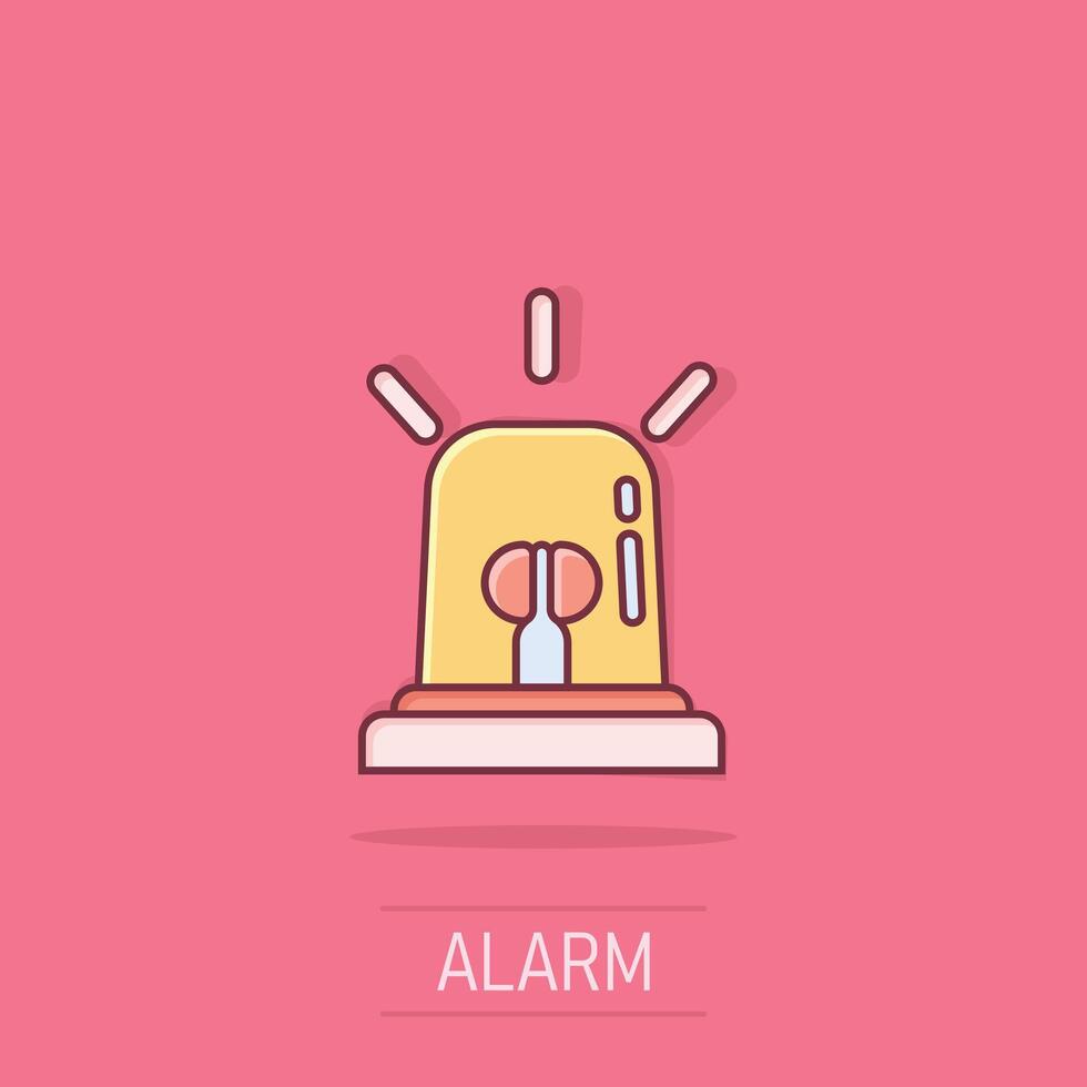 ícono de alarma de emergencia en estilo cómico. ilustración de vector de dibujos animados de lámpara de alerta sobre fondo aislado. concepto de negocio de signo de efecto de salpicadura de urgencia policial.