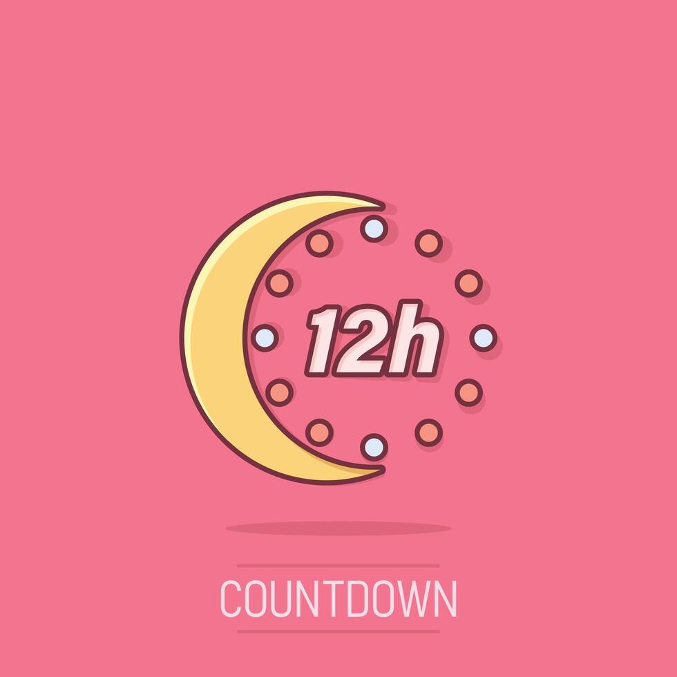 12 hours clock icon in comic style. Timer countdown cartoon vector illustration on isolated background. Time measure splash effect sign business concept.