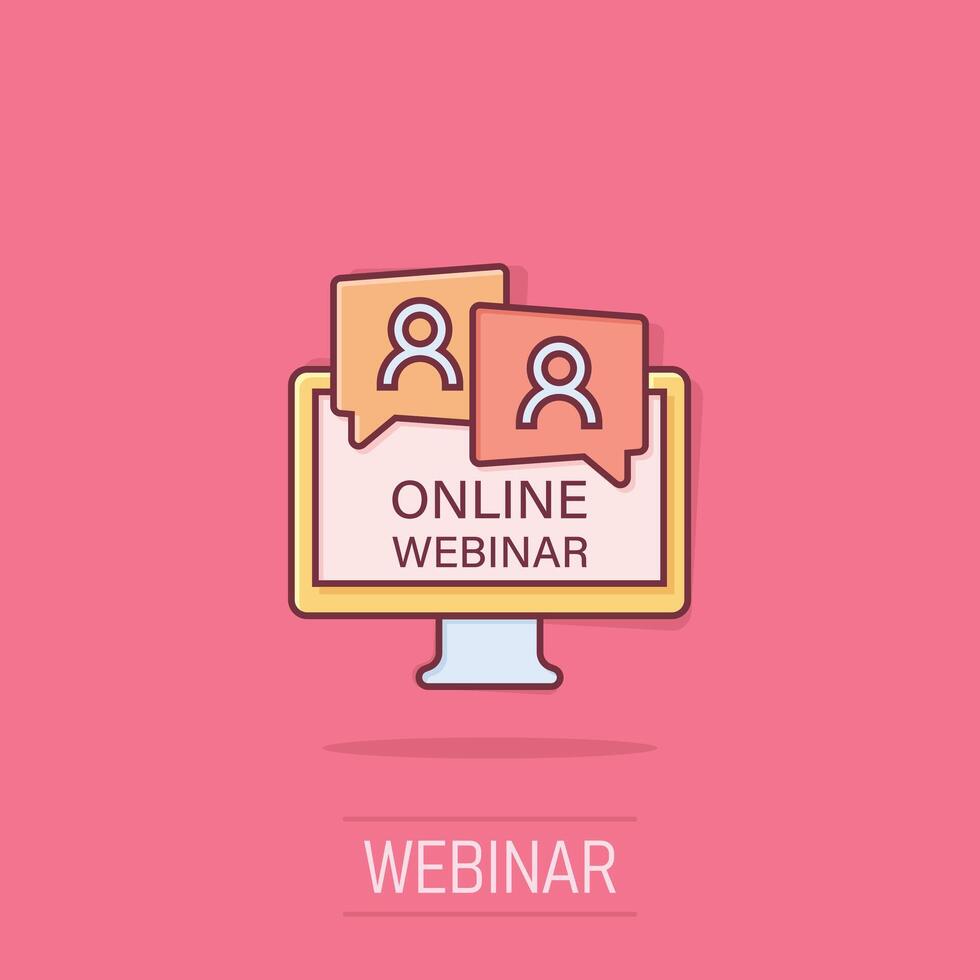 Live webinar icon in comic style. Online training cartoon vector illustration on isolated background. Conference stream splash effect sign business concept.