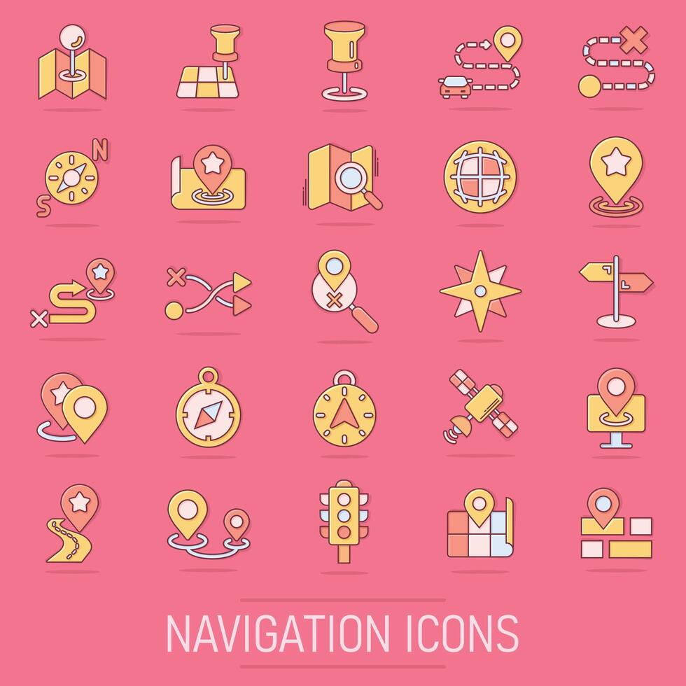 Navigation icons set in comic style. Gps direction cartoon vector illustration on isolated background. Locate pin position splash effect business concept.