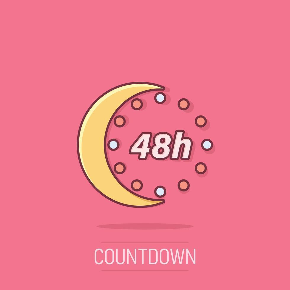 48 hours clock icon in comic style. Timer countdown cartoon vector illustration on isolated background. Time measure splash effect sign business concept.