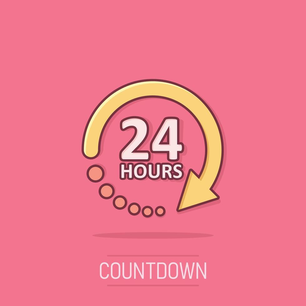 24 hours service icon in comic style. All day business and service cartoon vector illustration on isolated background. Quick service time splash effect sign business concept.