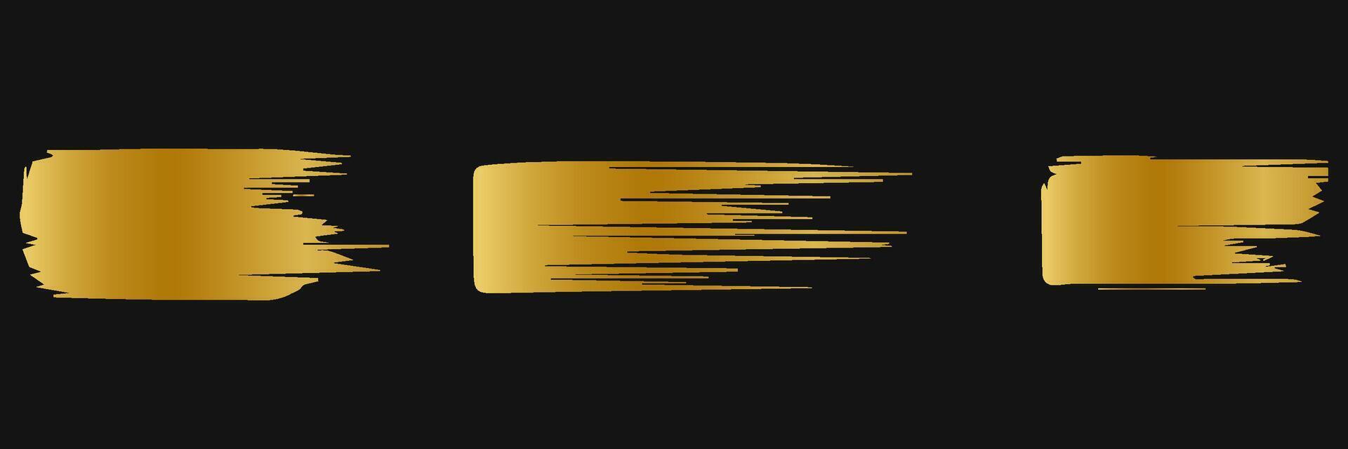 Golden paint brush stroke. Set of gold paint smear with glittering texture. Realistic gold brush stroke with metallic effect. Vector