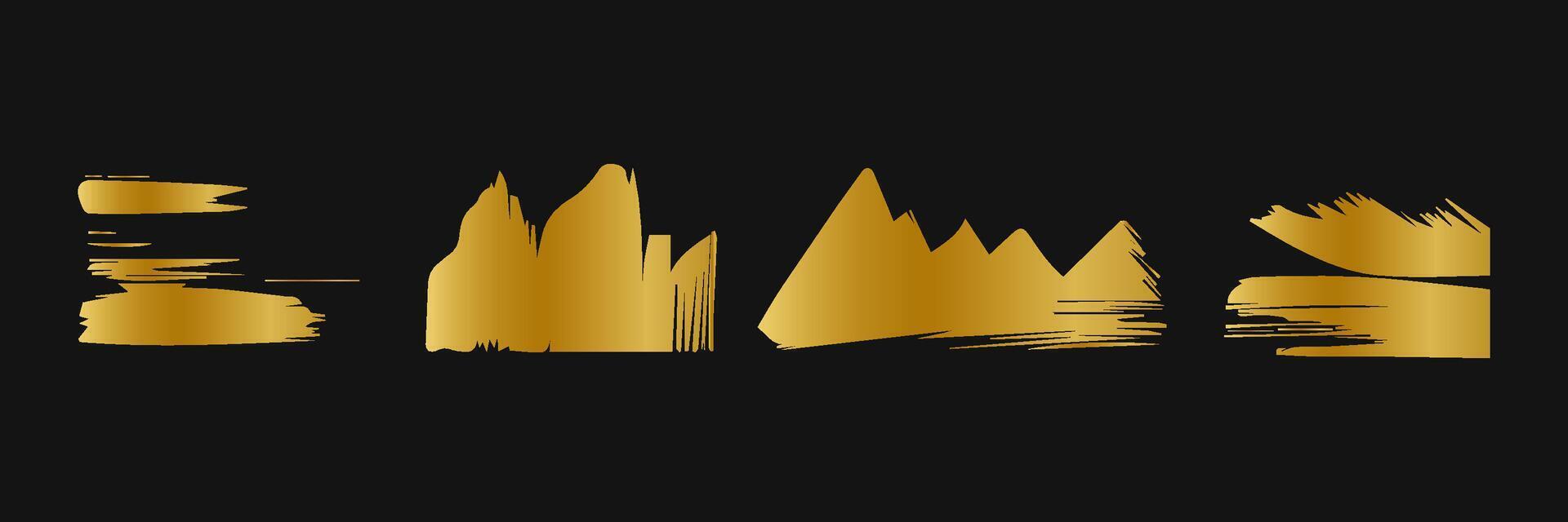 Golden paint brush stroke. Set of gold paint smear with glittering texture. Realistic gold brush stroke with metallic effect. Vector