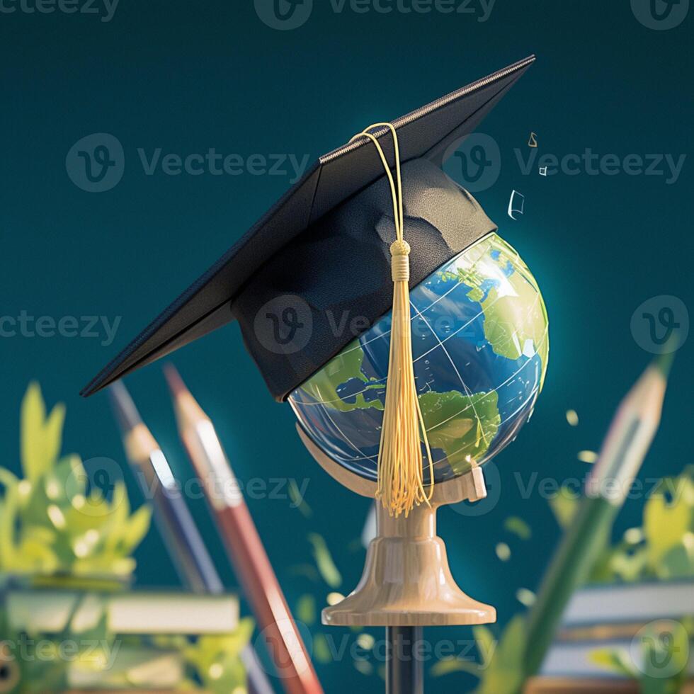 AI generated Global education vision Graduation cap with Earth globe, Back to School For Social Media Post Size photo
