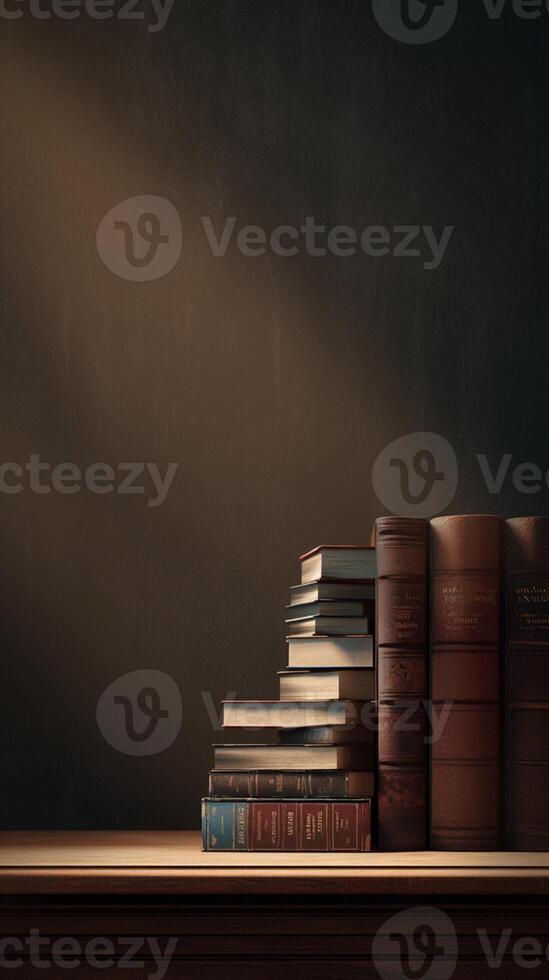 AI generated Bookish arrangement Books stacked on a table, providing copy space Vertical Mobile Wallpaper photo