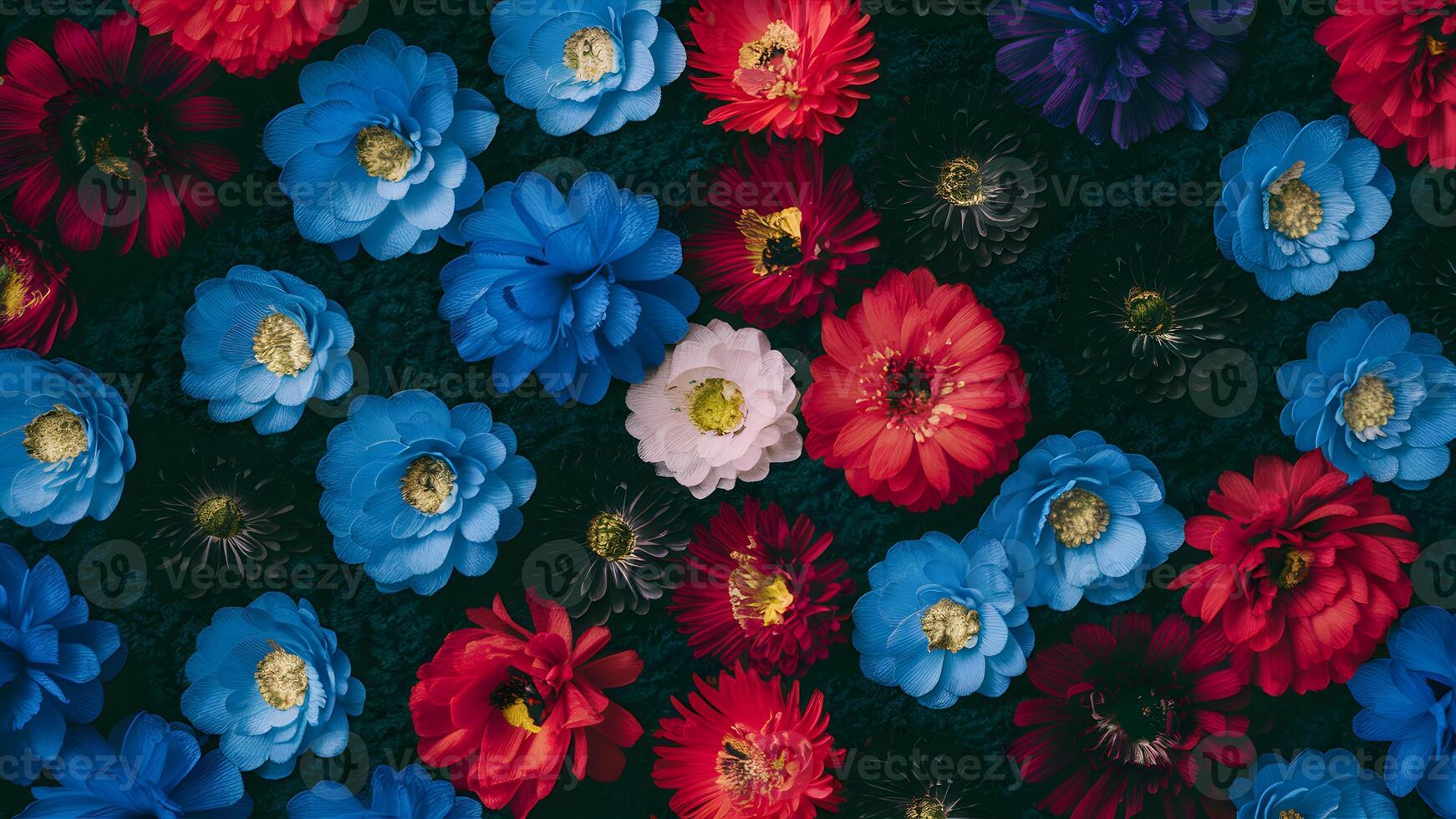 AI generated Blue, red, and black flowers add texture to fabric backdrop photo