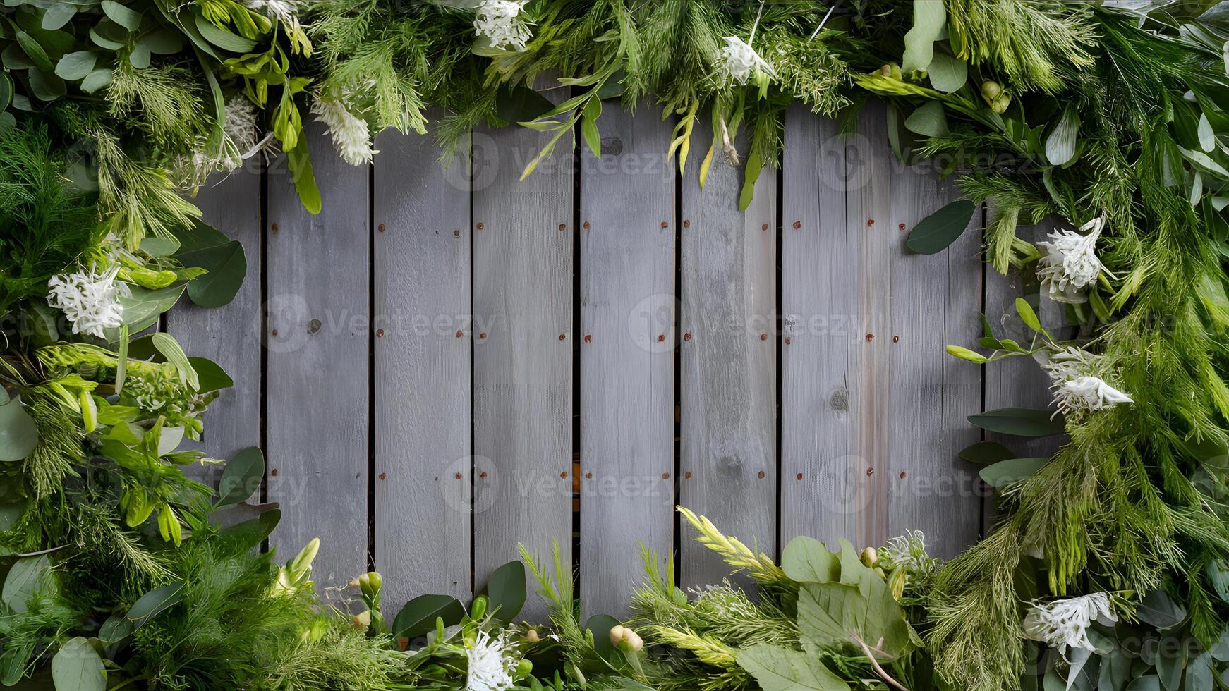 AI generated Wooden fence background adorned with fresh spring greens, white flowers photo