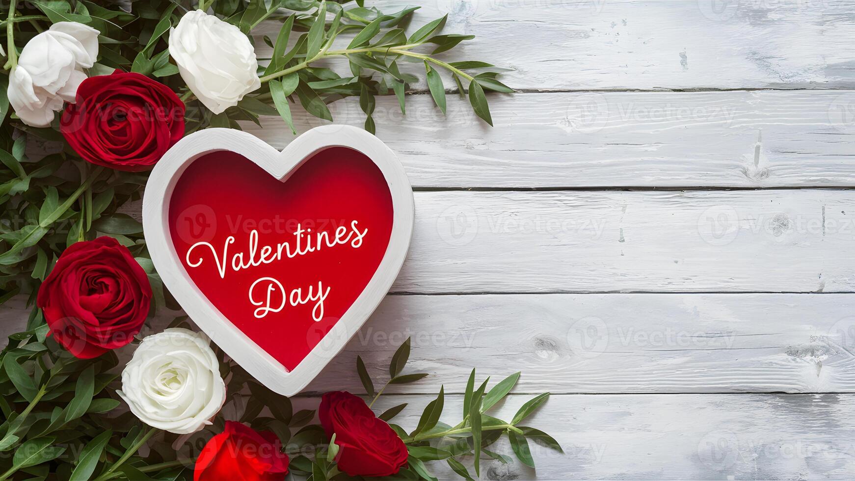 AI generated Rustic white wood background with Valentines Day corner border photo