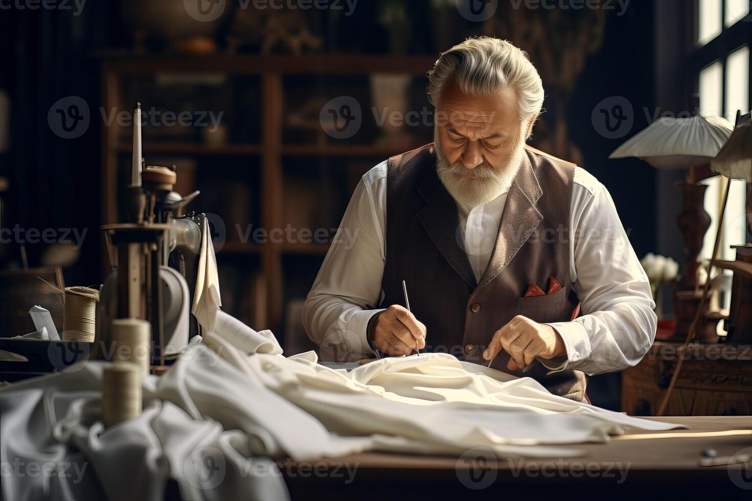 ai generado maduro Sastre trabajando en taller. generar ai foto