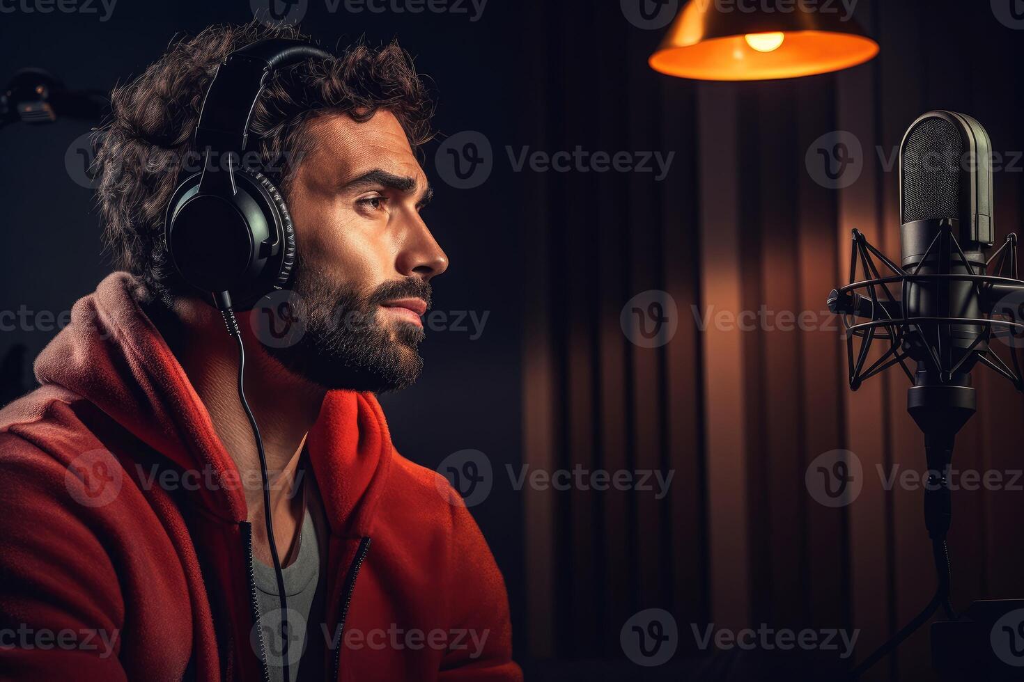 AI generated Determined Man registers podcast. Generate ai photo